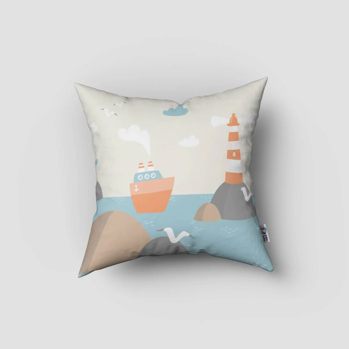 Denizcilik / Deniz kenarı Kırlent Kılıfı | Krem deniz feneri, gemi Desenli