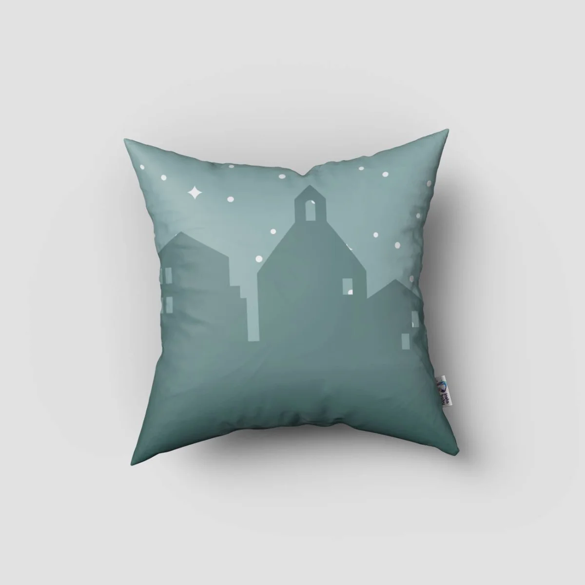 Şehir Silüeti Kırlent Kılıfı | Mavi-yeşil yıldızlar, noktalar Desenli