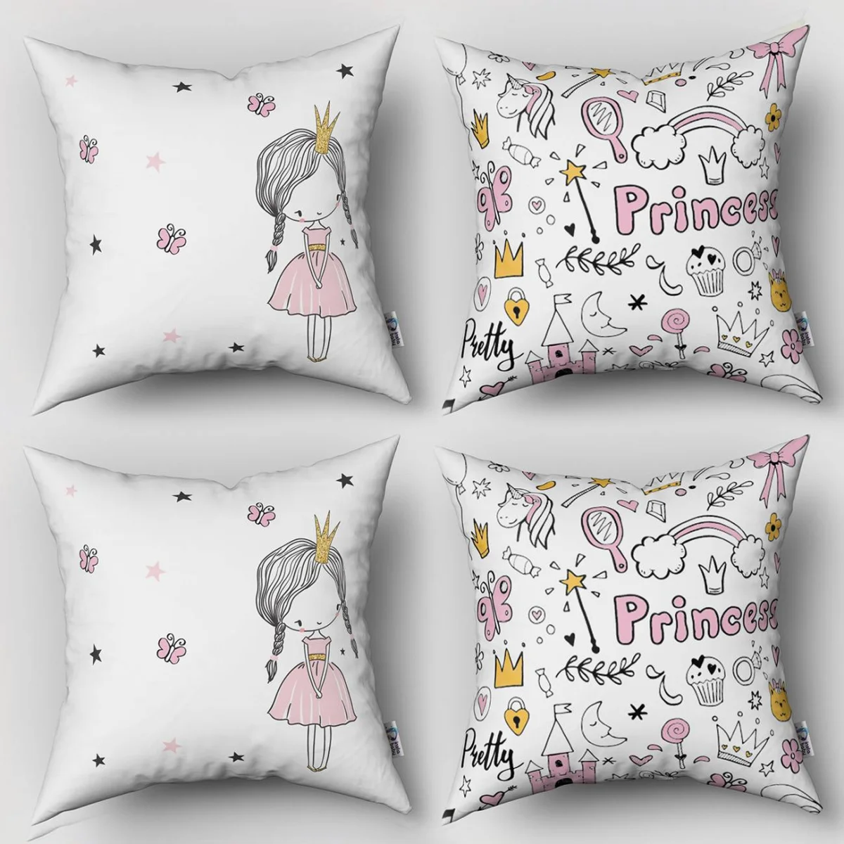 Prenses Kız 4lü Kırlent | Beyaz yıldızlar, bulut Desenli