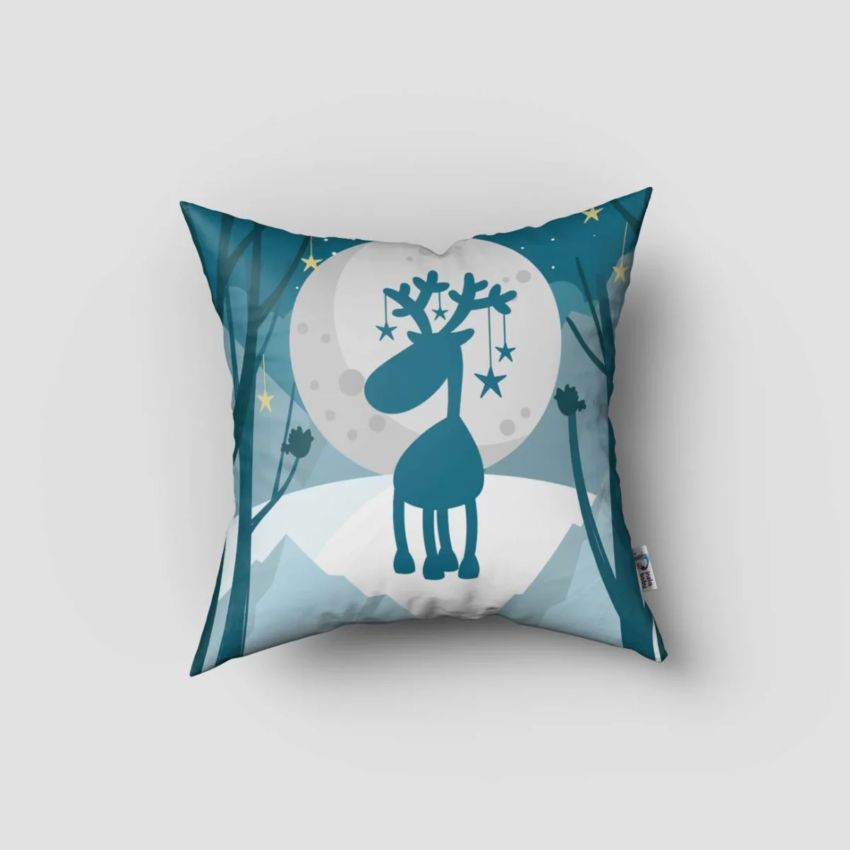 Geyik Kırlent Kılıfı | Mavi yıldızlar, ay Desenli